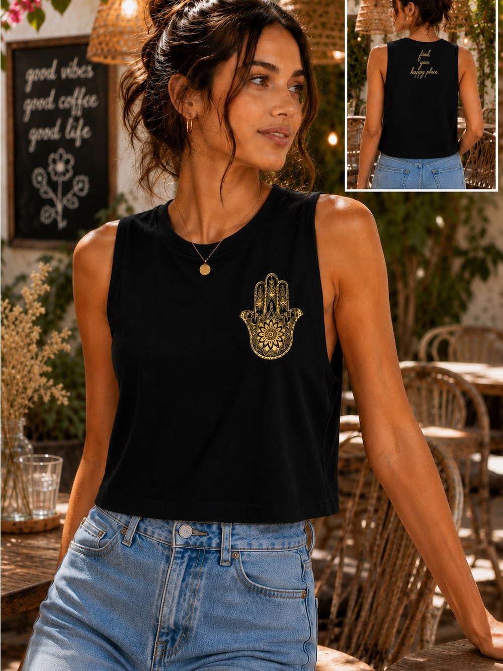 Black Cropped Muscle Tank Gold Hamsa Graphic Boho Top Size M
